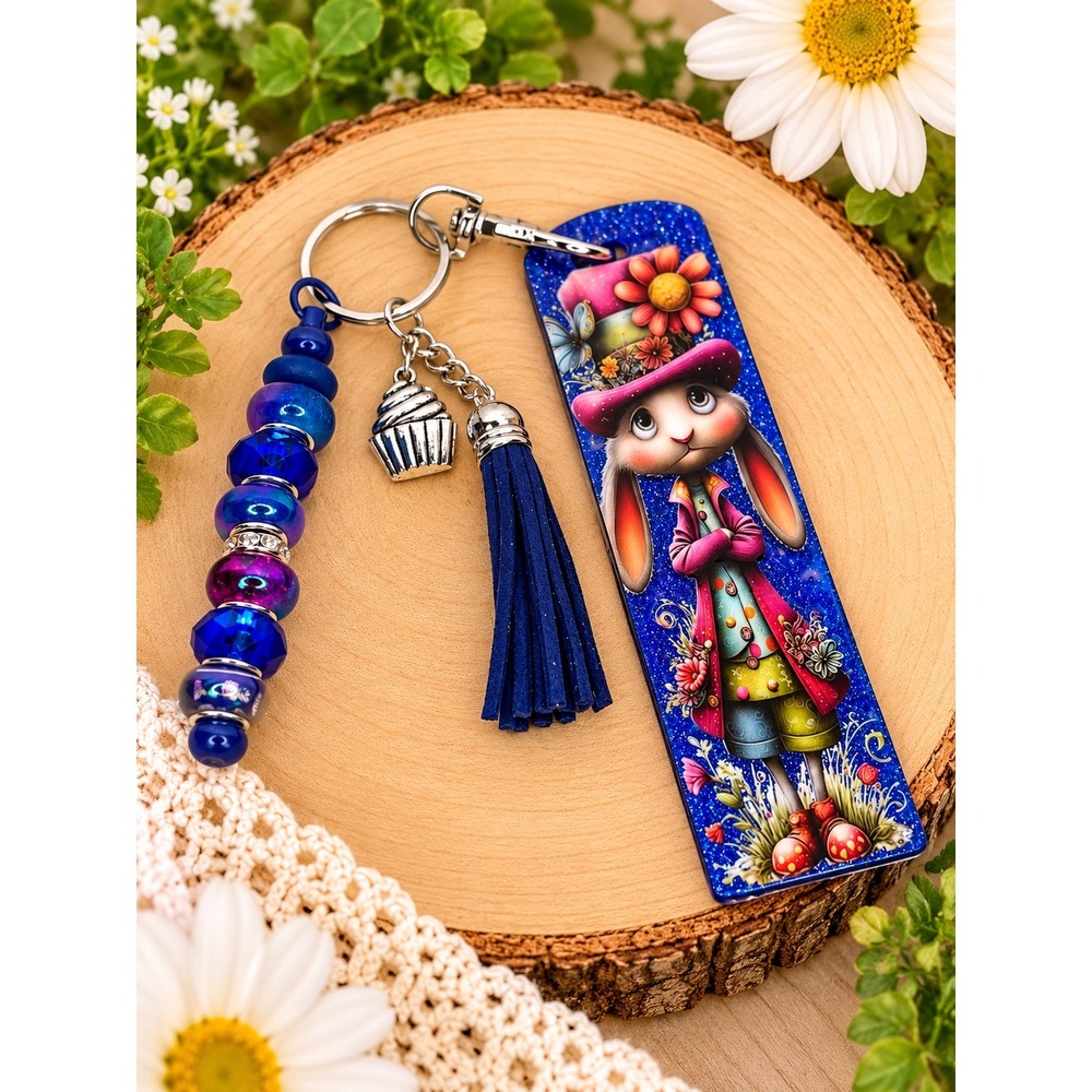Whimsical Rabbit Keychain Blue Glitter Acrylic Bunny Charm Tassel Cupcake Bead 6